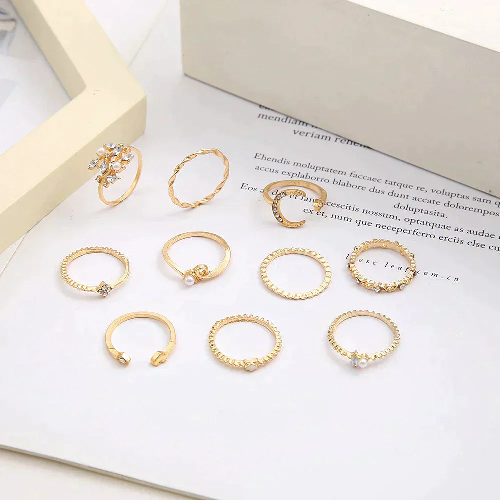 Thalia – Refined Bohemian Silver & Gold Plated Ring Set (10-Pack)