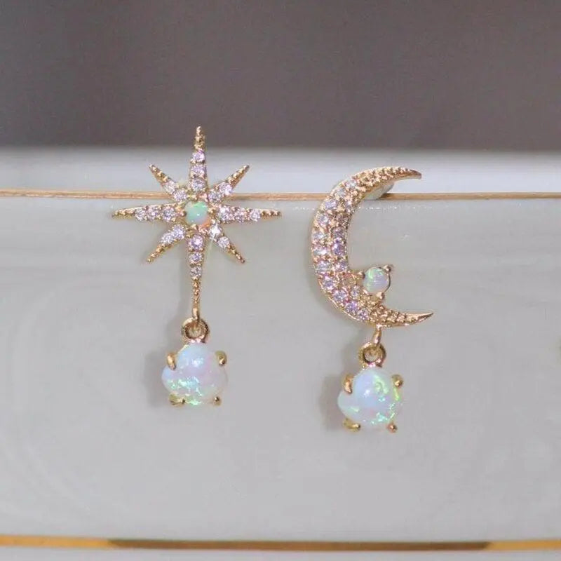 Celeste – Refined Moon & Star Gold Opal Earrings